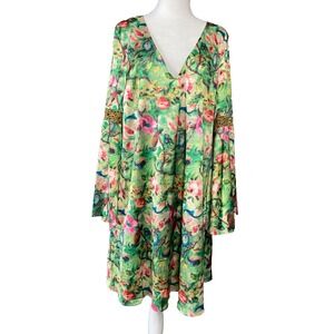 Elvi Womens Dress Size 12 Green Floral Bell Sleeve Shift Satin Cocktail‎ Party